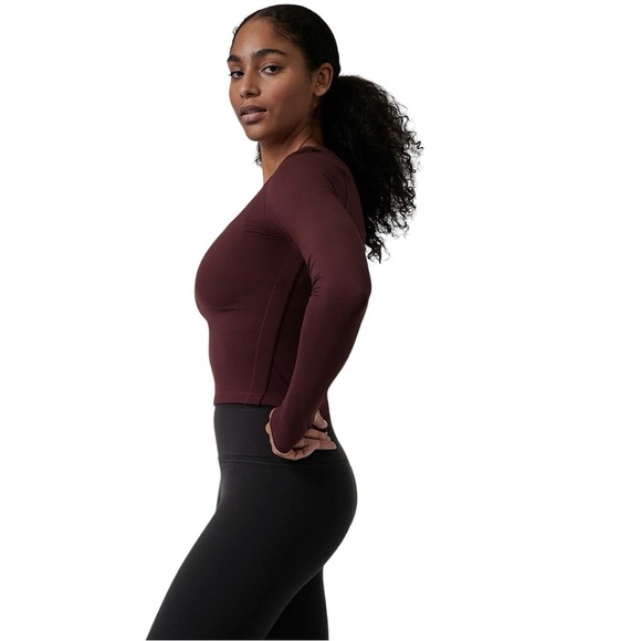 ATHLETA Shanti Long Sleeve Scoop Neck Crop Top in Antique Burgundy - Picture 3 of 10